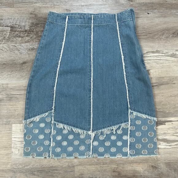 J Brand Polka Dot Mesh Hem Denim Skirt Raw Edge Contrast Panel 25 - Picture 6 of 6